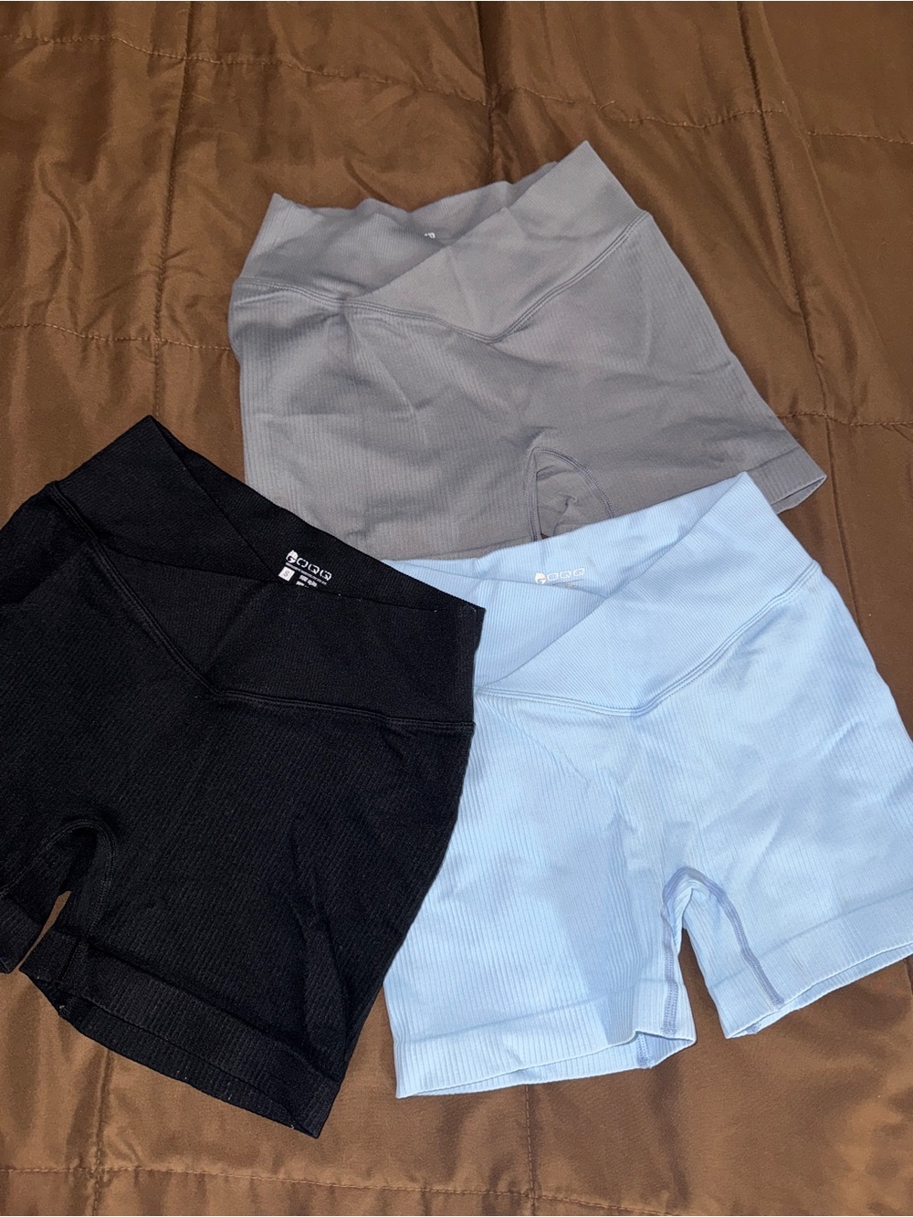 Ribbed High-Waist Women’s Shorts — Black, Light Blue, Gray Bundle